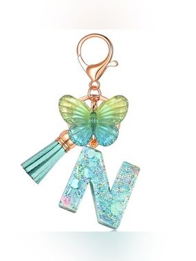 N Initial Butterfly Tassel Keychain Charm — Aqua Green
